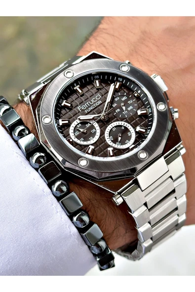 Ferrucci Gümüş Renk Çelik Kordon Spor Model  Erkek Kol Saati + BİLEKLİK - Resim 3