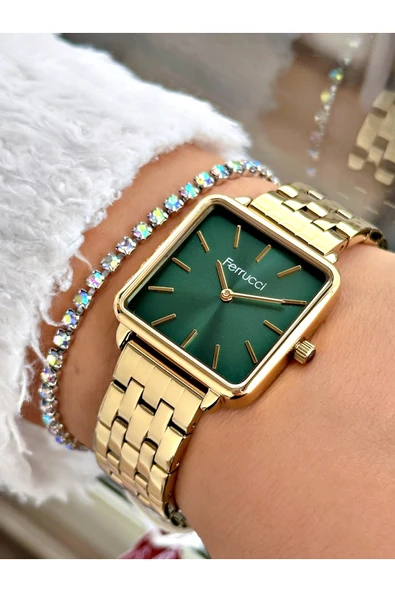 Ferrucci Altın Renk Kare Sade Model Büyük Kasa Kadın Kol Saati + BİLEKLİK ürün görseli 1