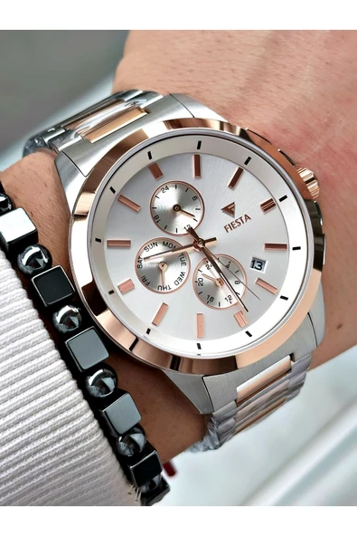 Fiesta Rose Gümüş Renk Fonksiyonlar Aktif Elite Çelik Erkek Kol Saati + BİLEKLİK - Resim 3
