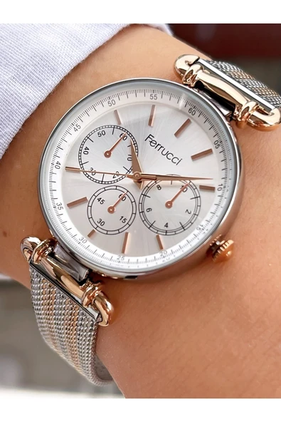 Ferrucci Rose Gold Silver Çift Renk Klasik Hasır Kordon Kadın Kol Saati ürün görseli 1