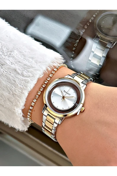 Ferrucci Altın-Gümüş Renk Çelik Kordon Taşlı Kasa Kadın Kol Saati + Bileklik Hediyeli - Resim 2