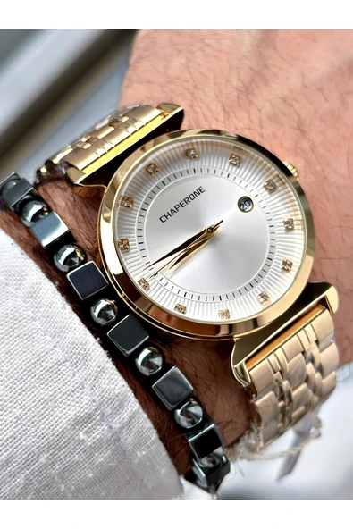 Chaperone Altın Renk Klasik Çelik Kordon Şık Dizayn Erkek Kol Saati + BİLEKLİK HEDİYELİ By Reward - Resim 3