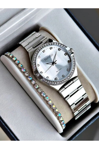 Ferrucci Gümüş Renk Aynalı Model Taşlı Model Kadın Kol Saati + BİLEKLİK - Resim 2