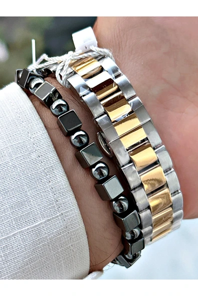 Chaperone Altın Gümüş Renk Roma Rakamlı Sade Klasik Model Çelik Kordon Erkek Kol Saati + BİLEKLİK By Reward - Resim 4