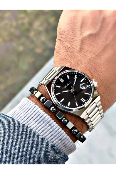 Ferrucci Gümüş Renk Klasik Takvimli Çelik Kordon Erkek Kol Saati + BİLEKLİK - Resim 2