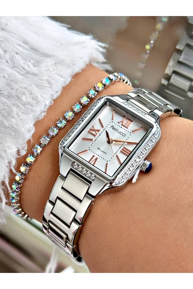 Ferrucci Gümüş Renk Kare Taşlı Model Roma Rakamlı Çelik Kordon Kadın Kol Saati + BİLEKLİK ürün görseli 1