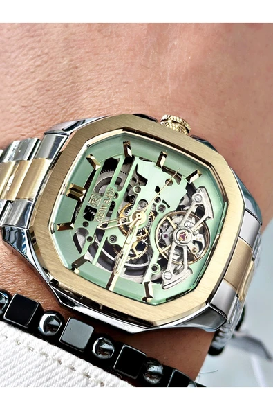 Reward Altın Gümüş Renk Otomatik İskelet Kare Model Mekanizma Erkek Kol Saati + BİLEKLİK ürün görseli 1