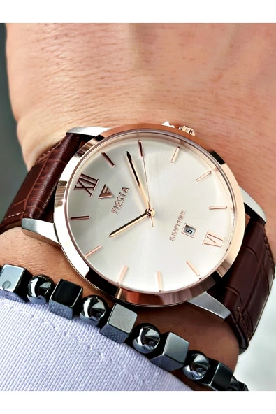 Fiesta Kahve Renk Roma Rakamlı Çelik Kasa Business Erkek Kol Saati + BİLEKLİK ürün görseli 1