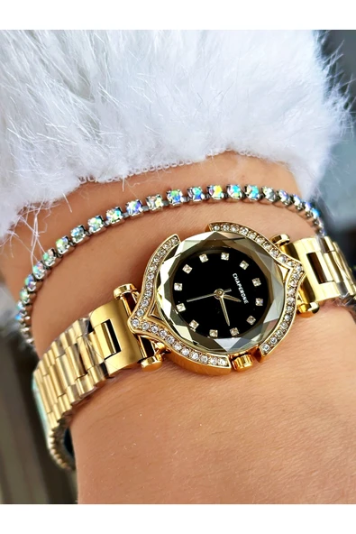 Chaperone Altın Renk Taşlı Model Minimal Aynalı Kadın Kol Saati + BİLEKLİK - Resim 3