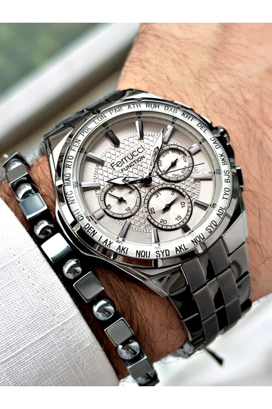 Ferrucci Füme Renk Çelik Kordon Fonksiyonlu Erkek Kol Saati + BİLEKLİK HEDİYELİ - Resim 3
