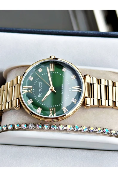 Ferrucci Altın Renk Roma Rakamlı Sade Model Çelik Kordon Kadın Kol Saati + BİLEKLİK - Resim 3