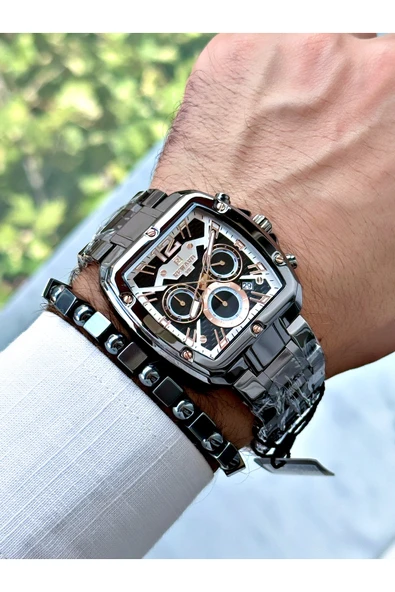 GÜMÜŞ Füme Renk Kare Model Çelik Kordon  Erkek Kol Saati + Bileklik - Resim 2