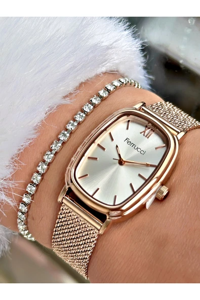 Ferrucci Rose Gold Renk Hasır Çelik Kordon Şık Dizayn Kadın Kol Saati + BİLEKLİK HEDİYELİ ürün görseli 1
