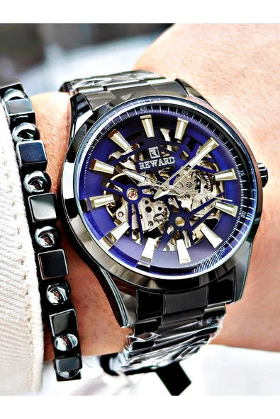 Reward Gümüş Renk İskelet Model Otomatik Çelik Kordon Erkek Kol Saati + BİLEKLİK - Resim 4
