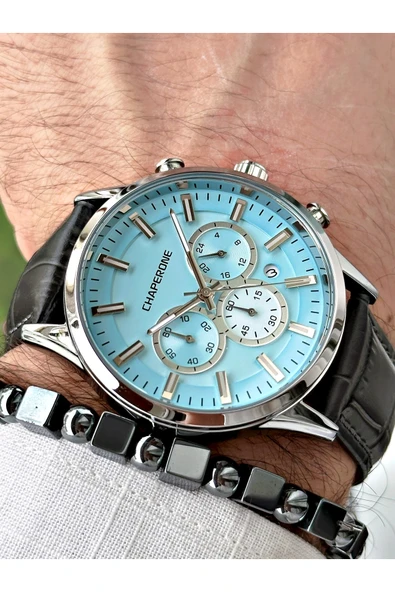 Chaperone Gri Renk Deri Kordon Fonksiyonlu  Erkek Kol Saati + BİLEKLİK HEDİYELİ By REWARD ürün görseli 1