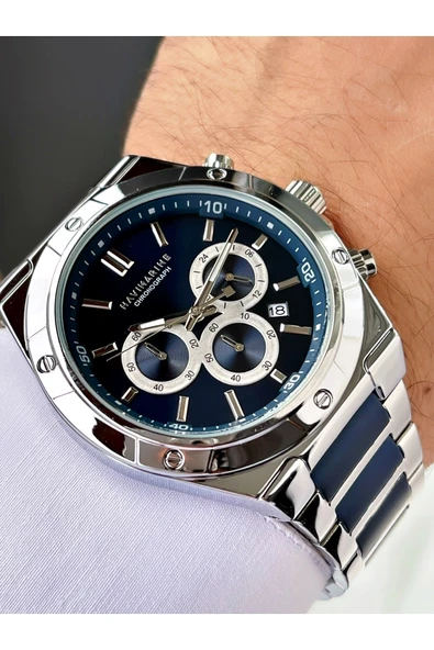 Navimarine Lacivert - Gümüş Renk Fonksiyonlu Çelik Kordon Erkek Kol Saati Bileklik Hediyeli ürün görseli 1