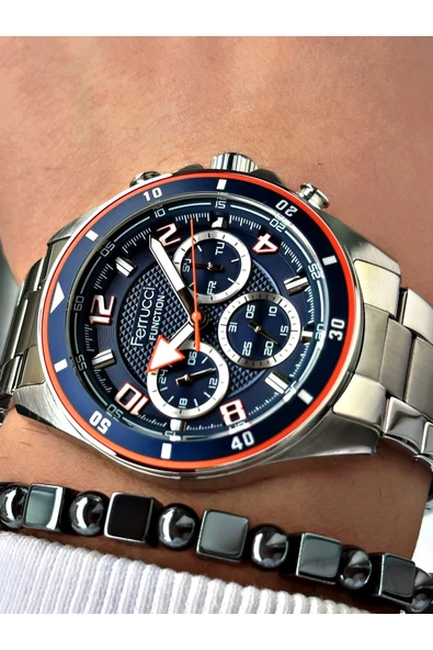 Ferrucci Gümüş Renk Lacivert Kadran Spor Erkek Kol Saati + Hematit Doğaltaş Bileklik Hediyeli ürün görseli 1
