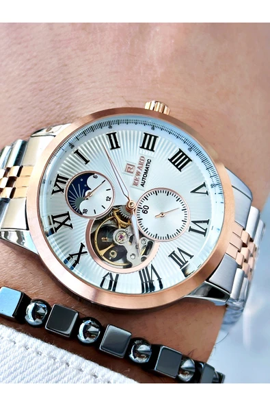 Reward Rose Gold Gümüş Renk Otomatik Mekanizma Roma Rakamlı Erkek Kol Saati + BİLEKLİK - Resim 2