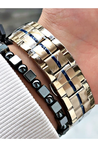 Reward Altın Renk Fonksiyonlar Aktif Ortası Şeritli Çelik Kordon Erkek Kol Saati + BİLEKLİK - Resim 4