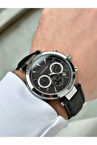 Chaperone Siyah Renk Deri Kordon Fonksiyonlar Aktif Erkek Kol Saati + BİLEKLİK HEDİYELİ By Reward - Resim 2