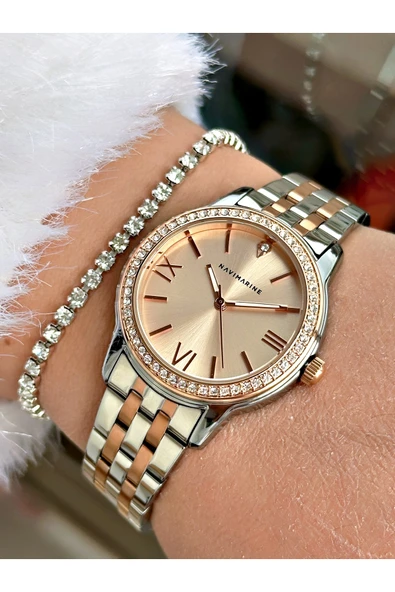 Navimarine Altın Renk Çelik Kordon Kadın Kol Saati + Bileklik Hediyeli ürün görseli 1