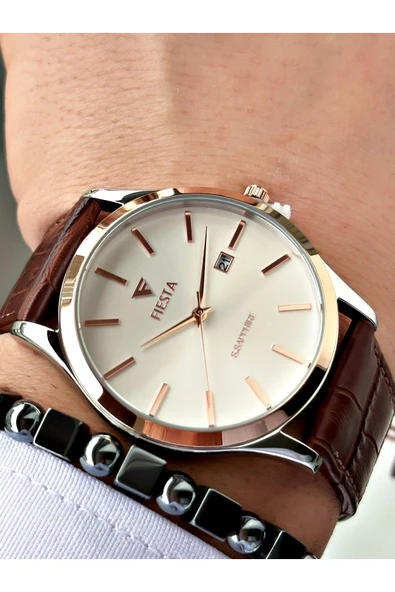 Fiesta Kahve Renk Klasik Sade Model Çelik Kasa Erkek Kol Saati + BİLEKLİK ürün görseli 1