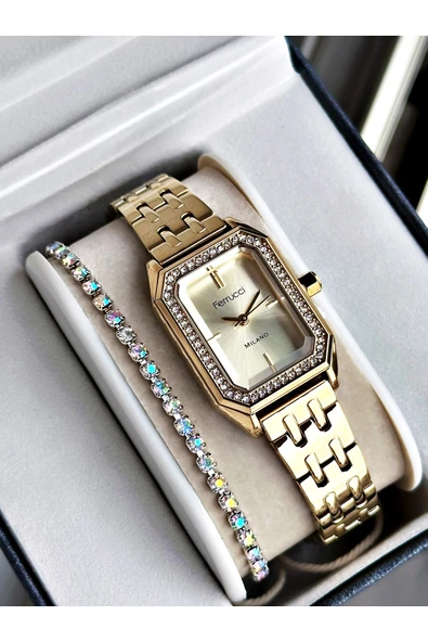 Ferrucci Altın Renk Taşlı Kare Model Garantili Şık Kadın Kol Saati + BİLEKLİK ürün görseli 1
