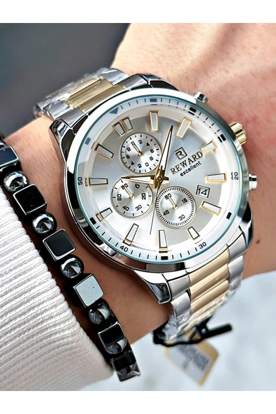 Reward Altın Gümüş Renk Fonksiyonlu Çelik Kordon Erkek Kol Saati + BİLEKLİK HEDİYELİ - Resim 3