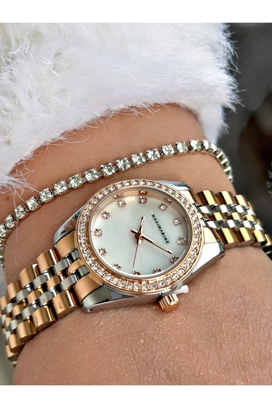 Navimarine Altın Renk Çelik Kordon Kadın Kol Saati + Bileklik Hediyeli - Resim 2