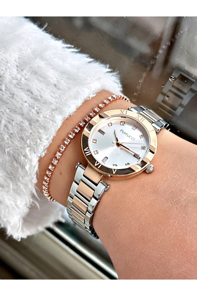 Ferrucci Rose Gold Renk Roma Rakamlı Model Çelik Kordon Kadın Kol Saati + BİLEKLİK HEDİYELİ - Resim 2