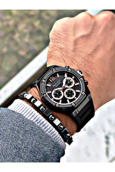 Ferrucci Siyah Renk Silikon Spor  Erkek Kol Saati + BİLEKLİK HEDİYELİ - Resim 2