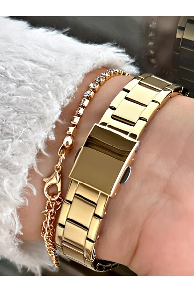 Ferrucci Altın Renk Çelik Kordon Taşlı Kasa Kadın Kol Saati + Bileklik Hediyeli - Resim 3