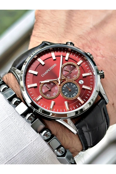 Chaperone Siyah Renk Deri Kordon Fonksiyonlu  Erkek Kol Saati + BİLEKLİK HEDİYELİ By REWARD - Resim 3