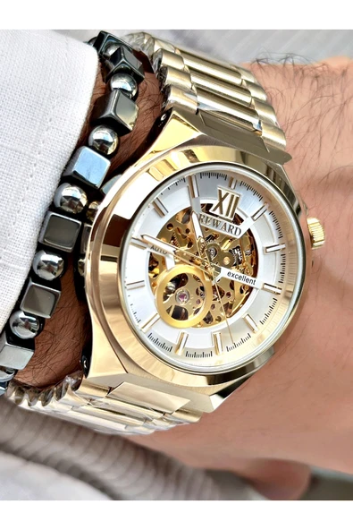 Reward Altın Renk Çelik Kasa kordon  Mekanizma Lüx Erkek Kol Saati + BİLEKLİK ürün görseli 1