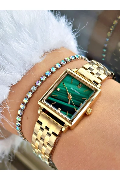 Chaperone Altın Renk Kare Model Sade Çelik Kordon Kadın Kol Saati + BİLEKLİK ürün görseli 1