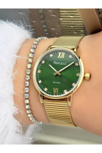 Ferrucci Altın Gold Renk Klasik Sade Model Kadın Kol Saati Taşlı Bileklik Hediyeli - Resim 3