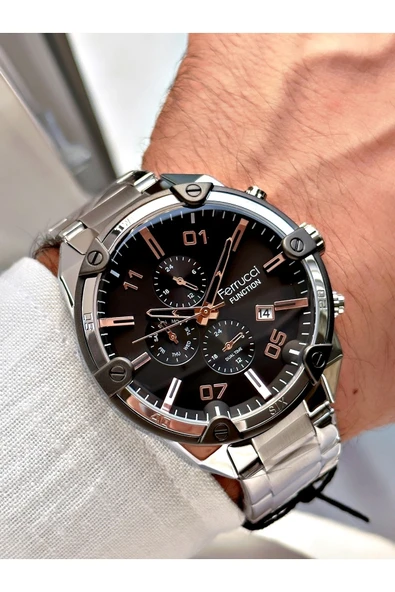 Ferrucci Gümüş Renk Renkli Cam Fonksiyonlar Aktif Çelik Kordon Erkek Kol Saati + BİLEKLİK HEDİYELİ - Resim 2