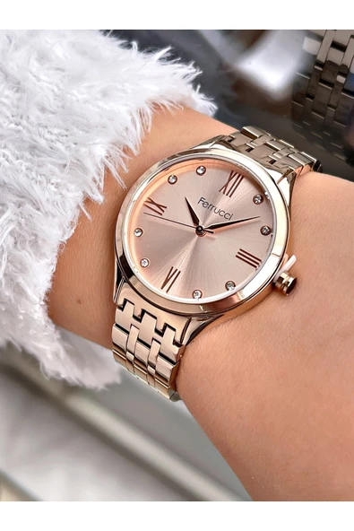 Ferrucci Rosegold Renk Şık Tasarım Çelik Kordon Kadın Kol Saati Bileklik Hediyeli - Resim 2