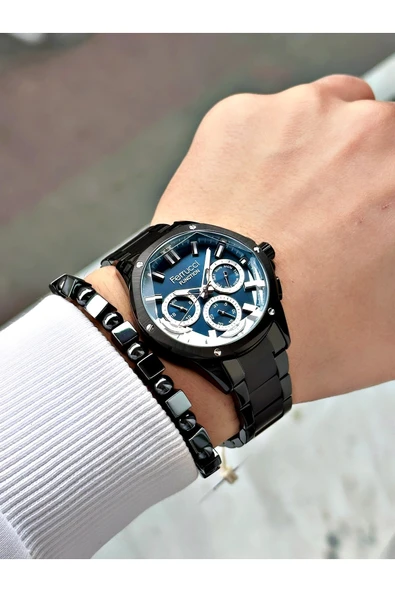 Ferrucci Siyah Renk Lacivert Kadran Çelik Kordon Erkek Kol Saati + Hematit Doğaltaş Bileklik Hediyeli - Resim 2