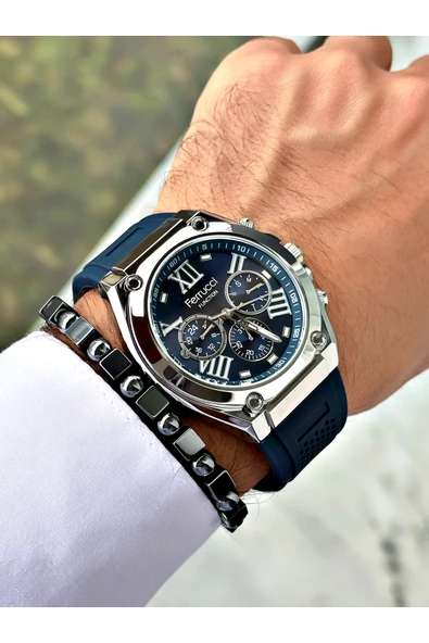 Ferrucci Lacivert Renk Silikon Fonksiyonlar Aktif Spor Erkek Kol Saati + BİLEKLİK - Resim 3