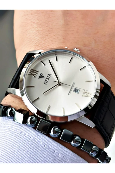 Fiesta Siyah Renk Roma Rakamlı Çelik Kasa Business Erkek Kol Saati + BİLEKLİK ürün görseli 1