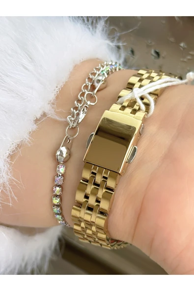 Ferrucci Altın Gold Renk Gold Kadran Klasik Sade Model Kadın Kol Saati Taşlı Bileklik Hediyeli - Resim 4