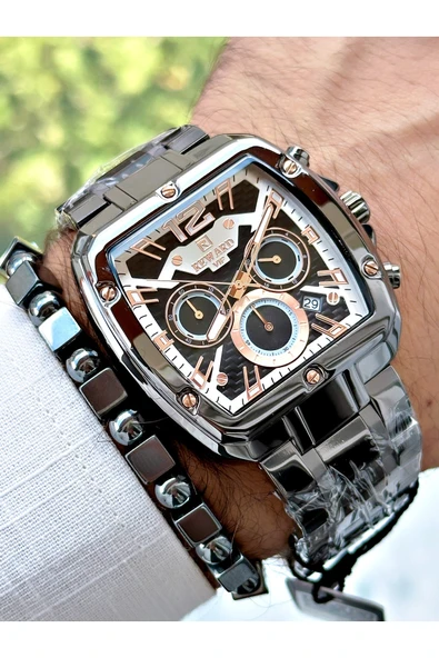 GÜMÜŞ Füme Renk Kare Model Çelik Kordon  Erkek Kol Saati + Bileklik - Resim 3