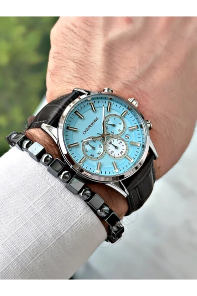 Chaperone Gri Renk Deri Kordon Fonksiyonlu  Erkek Kol Saati + BİLEKLİK HEDİYELİ By REWARD - Resim 2