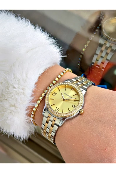 Navimarine Altın Renk Çelik Kordon Kadın Kol Saati + Bileklik Hediyeli - Resim 3