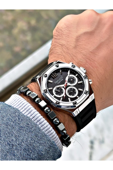 Ferrucci Siyah Renk Silikon Spor  Erkek Kol Saati + BİLEKLİK HEDİYELİ - Resim 2