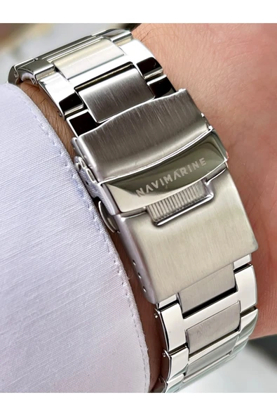 Navimarine Gümüş Renk Fonksiyonlu Çelik Kordon Erkek Kol Saati Bileklik Hediyeli - Resim 3