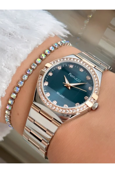 Ferrucci Rose Gold Gümüş Renk Taşlı Model Kadın Kol Saati Taşlı Bileklik Hediyeli ürün görseli 1