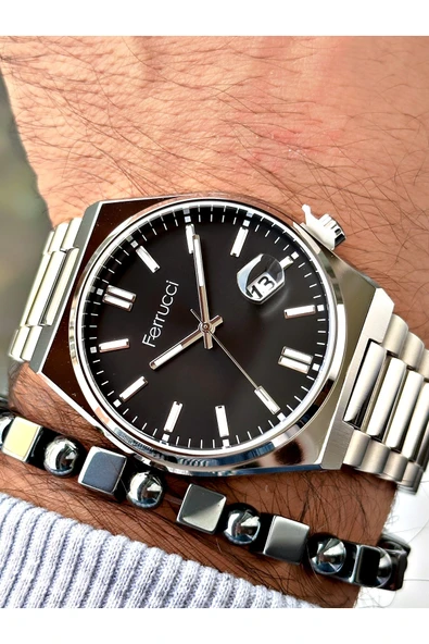 Ferrucci Gümüş Renk Klasik Takvimli Çelik Kordon Erkek Kol Saati + BİLEKLİK ürün görseli 1