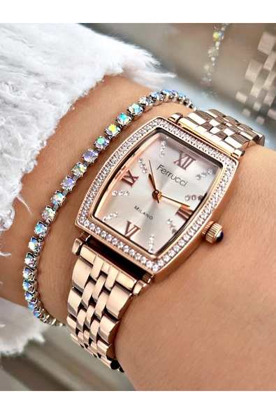 Ferrucci Rose Gold Renk Kare Taşlı Model Çelik Kordon Kadın Kol Saati + BİLEKLİK ürün görseli 1